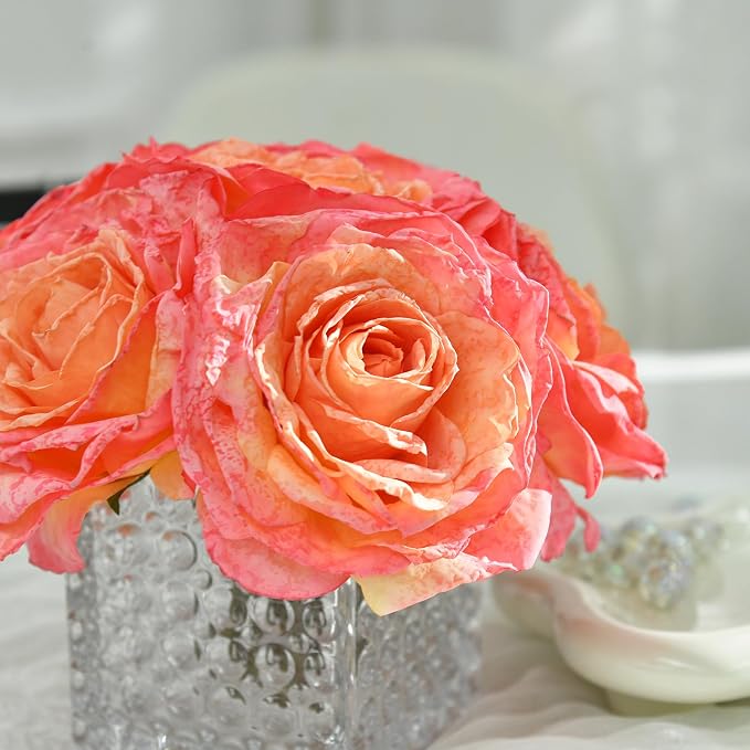 Artificial Rose in Glass Vase Vintage Silk Flower Arrangement with LED Light for Table Centerpiece Home Wedding Decoration (Coral Pink)