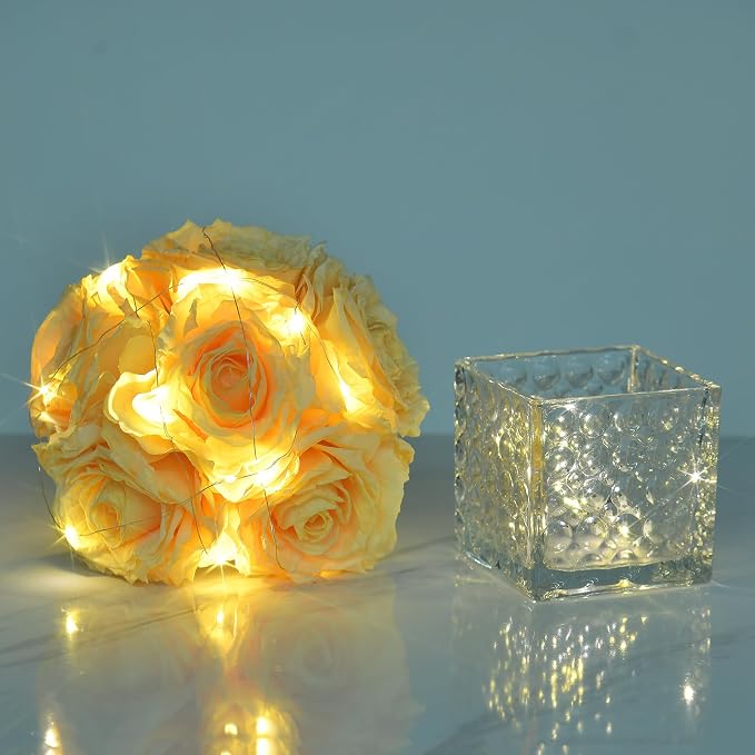 Artificial Rose in Glass Vase Vintage Silk Flower Arrangement with LED Light for Table Centerpiece Home Wedding Decoration (Champagne)
