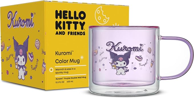 JoyJolt Hello Kitty Double Wall Insulated Coffee Mug ft Kuromi, 13.5 oz Glass Cup, Cute Drinking Glassware ideal for Latte, Iced Coffee, or Tea, Kawaii Hello Kitty Merch, Sanrio Accessories