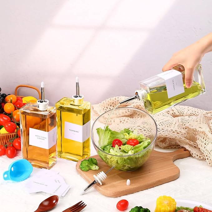 Reallnaive 10 Sets Olive Oil Dispenser Bottles for Kitchen with Nozzles Funnel Labels Cooking Oil Dispenser 500ml Set for Kitchen Vinegar Coffee Syrup (Silver)