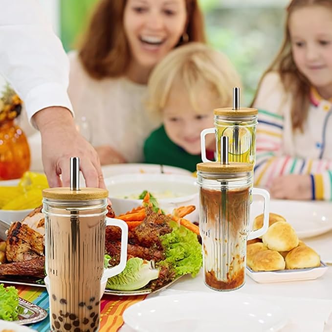 Ribbed Glass Cups with Bamboo Lids and Straws, Iced Coffee Tumbler with Handle, Mason Jar with Lid 24oz - Wide Mouth Drinking Glasses, Boba Cup Smoothie Tumbler Iced Coffee Cups, 2pack (Retro)