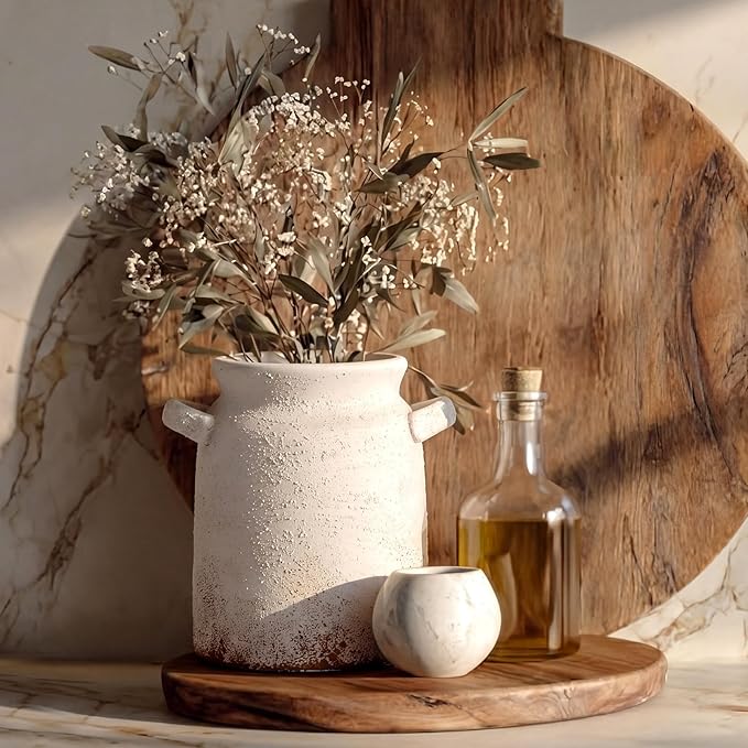 Qinyoung Rustic Kitchen Utensil Holder 6 Inch Small Ceramic Utensil Holder with Handle Vintage Crock Decoration Spatula Organizer for Kitchen Countertop Farmhouse Party Supplies(White,Textured)