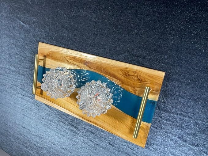 Acacia Wood Epoxy Resin Cheese Tray, Serving Board, Metal Handles - Medium for Coffee Table, Ottoman or Breakfast in Bed Wooden Tray