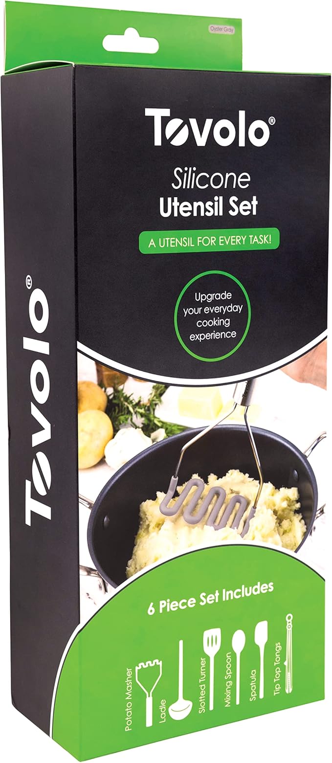 Tovolo Silicone Cooking Utensil Set of 6 Stainless Steel Handle Ladle Slotted Turner Tongs Flex Core Spatula Scraper Mixing Spoon & Potato Masher, Dishwasher Safe BPA Free Utensils, Oyster Gray