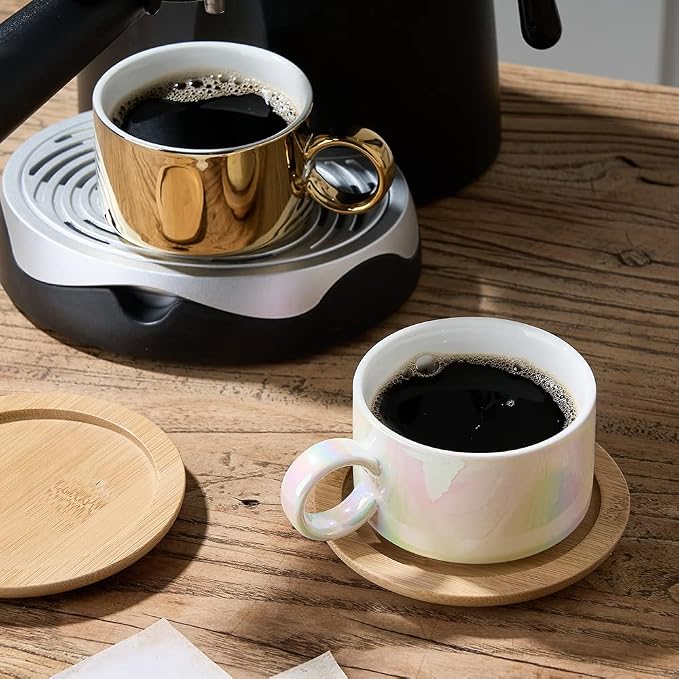 LUKA Porcelain Espresso Cup with Saucers and Metal Stand - 6 Ounce Stackable Ceramic Demitasse Espresso Mugs Cappuccino Cups Set for Latte, Coffee, Cafe Mocha, Tea - Set of 4,Shimmer Golden