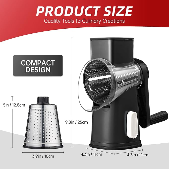 Rotary Cheese Grater with 4 Blades, Hand Crank Cheese Grater with Waffle Slicer, Red, Black and White Cheese Shredder with Suction Base, Easier for Shredding & Grating (Black)