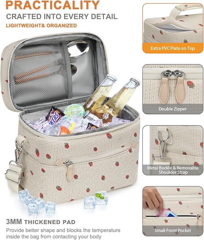 Capolo Lunch Box for Women Men Adults,Insulated Lunch Bag Leakproof Lunch Cooler Box with Removable Strap Cute Lunch Tote Bags Reusable Thermal Lunchbox for Work Picnic(Small,Strawberry)
