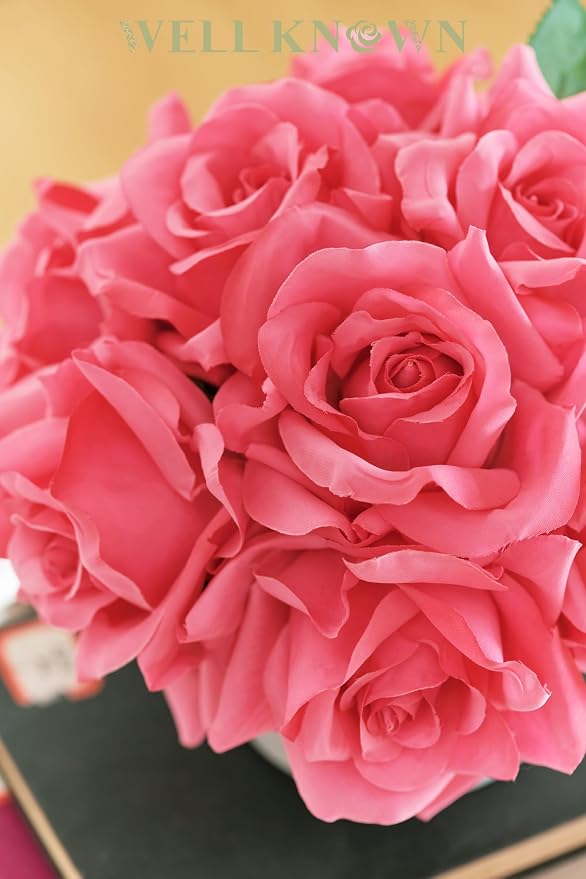 WELL KNOWN Artificial Flowers in Vase, Silk Rose Arrangement Mini Potted Fake Flowers with White Ceramic Vase for Home Wedding Vanity Coffee Table Centerpiece Bathroom Anniversary Decor (Hot Pink)