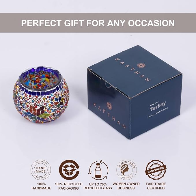 KAFTHAN Mosaic Glass Large Single Candle Holder - Round Bowl, Plant Pot, Votive Candle Holder - Decorative Vase & Unique Table Centerpiece for Wedding, Ball & Home - (3.7" x 3.5", Multicolor Star)