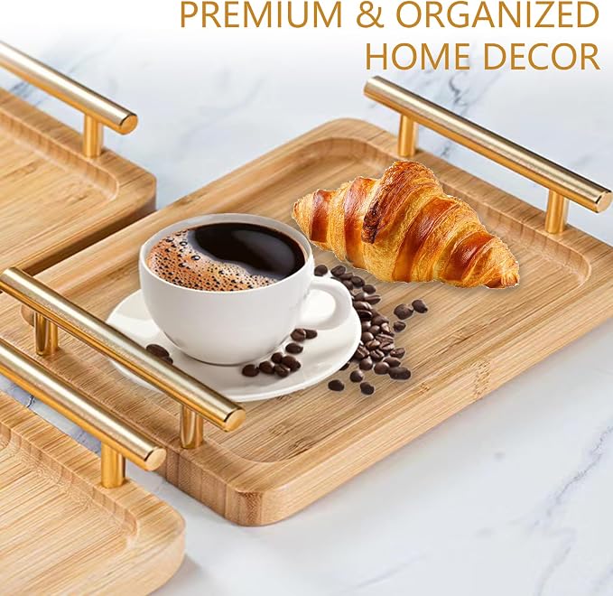 12"x8" Bamboo Breakfast Serving Tray with Gold Handles, Decorative Food Tray for Tea, Coffee, Snacks, Parties & Table Use