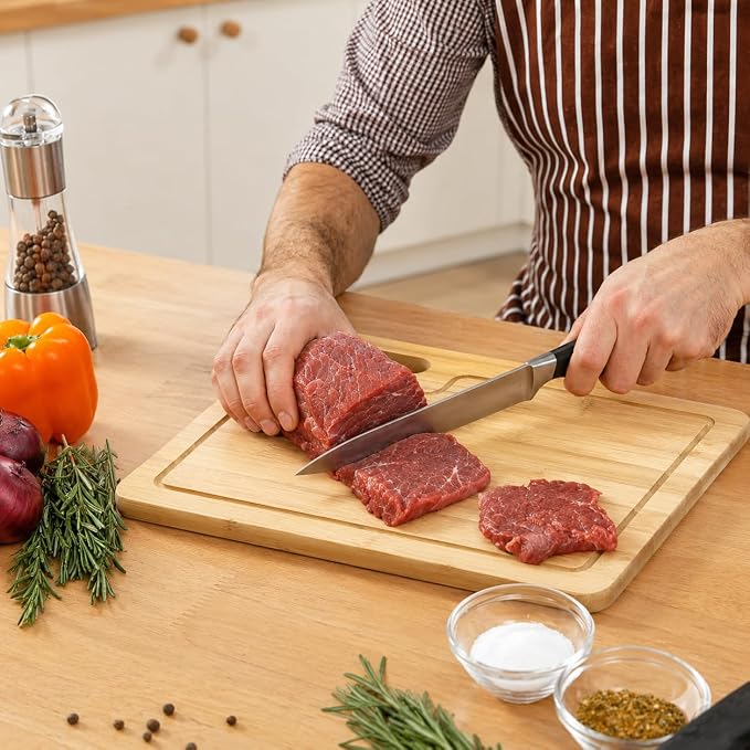 ZENFUN 4 Pack 12.5"L x 9.8"W Bamboo Cutting Boards with Holder, Wood Cutting Board Set, Chopping Boards Set with Food Icons, Kitchen Cutting Board Ideal for Meat, Fish, Bread, Vegetable, Fruit