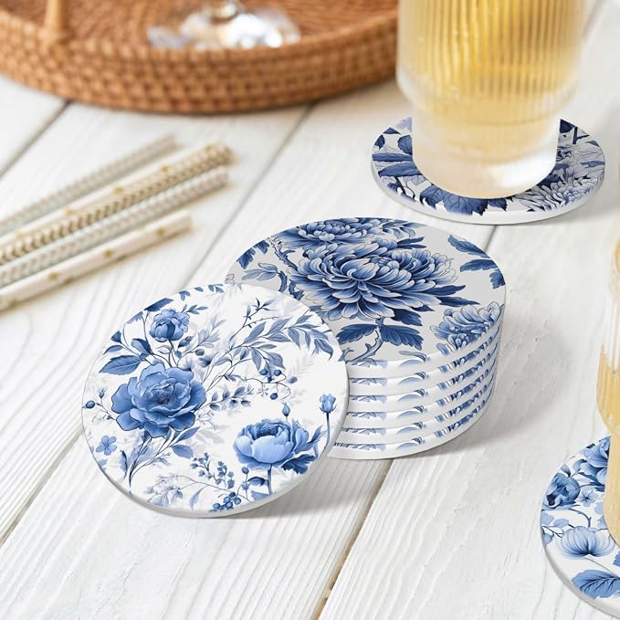 Coaster for Drinks Set of 6, Blue Vintage Spanish Ceramic Floral Absorbent Round Ceramic Stone Mat, with Cork Base and Metal Holder, Gift for Housewarming Room Bar Decor (Vintage Blue Floral-8)