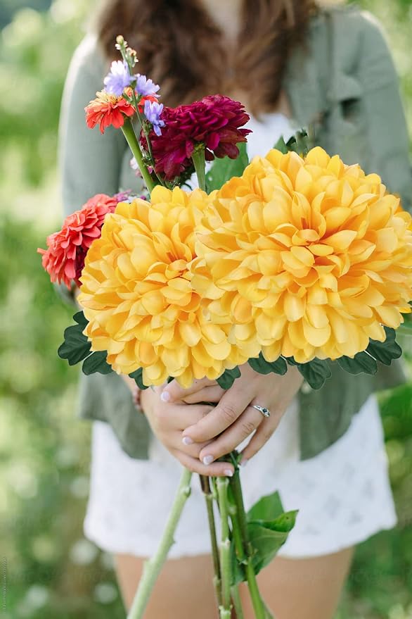 Briful Artificial Chrysanthemums Ball Flowers 6’’ Large Heads Mums Stems Autumn Yellow Fake Hydrangea Flowers Bouquet for Home Garden Party Wedding Decoration, Set of 4