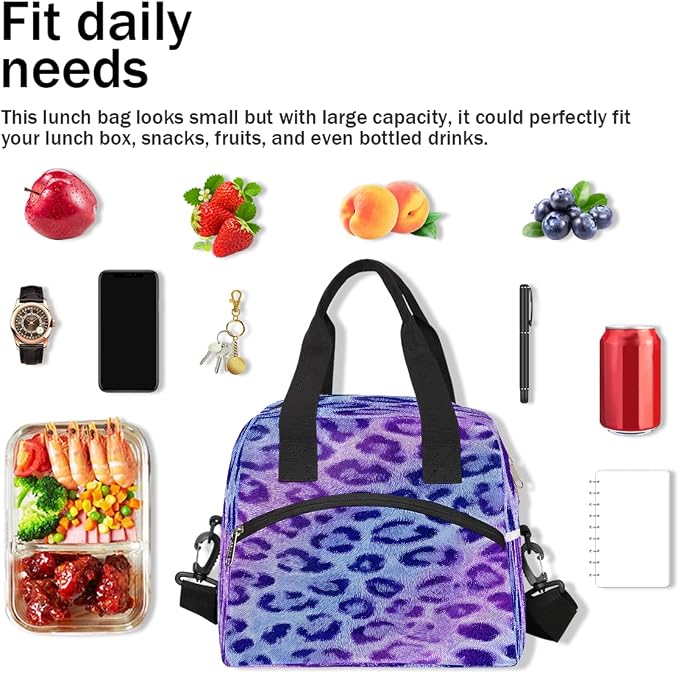 Leopard Purple Insulated Lunch Bags for Women Girls Adult Ethnic Reusable Lunch Tote Therma Cooler Bag with Shoulder Strap Lunch Box for School Work Office Picnic Meal Prep Bag