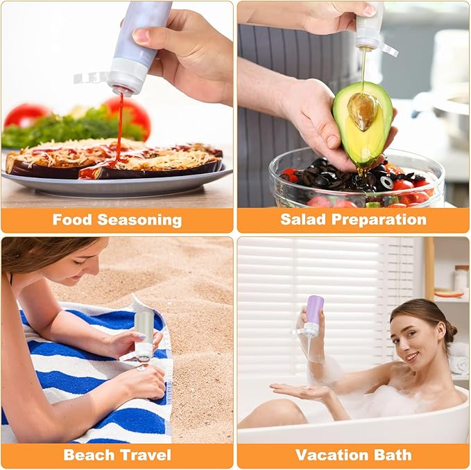 Seropy Condiment Squeeze Bottles for Sauces, Salad Dressing Container to Go, Small Silicone Squeeze Bottles, Condiment Containers Dispenser for Ketchup Hot Sauce, Purple/Beige/Blue/Gray 3 Oz