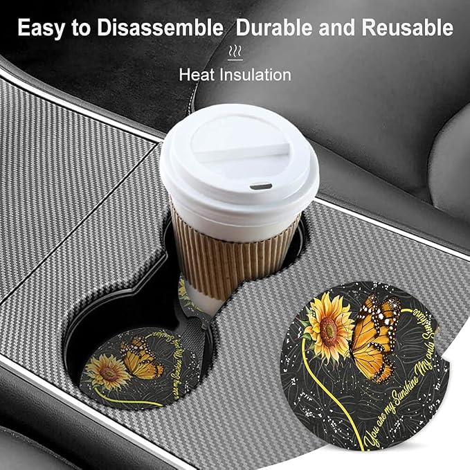 Butterfly Sunflower Absorbent Cup Holders Car Coasters,Ceramic Stone Drinks Coaster Set for Women Man 2.56"(2 Pack)