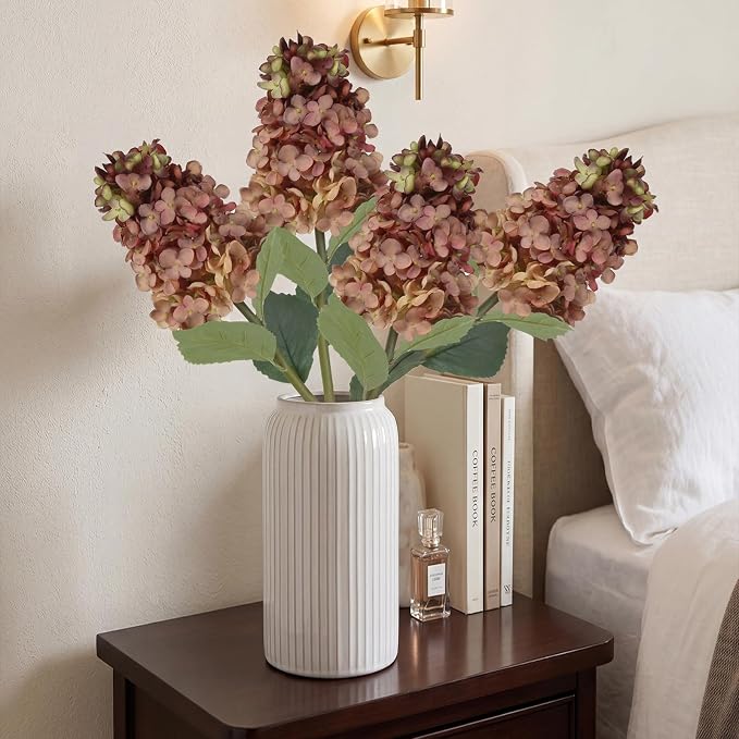 Faux Silk Fall Flowers 4PCS Hydrangea Artificial Flowers That Look Like Real Dried Hydrangeas 24” Sing Long Stem Fake Flowers for Wedding Bouquet Home Party Table Floral Arrangement Decor (Brown)