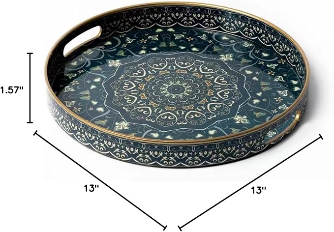 Round Serving Tray with Handles - Large Round Ottoman Tray Coffee Table Tray,Plastic Decorative Serving Trays for Coffee Table,Round Boho Tray for Ottoman Living Room