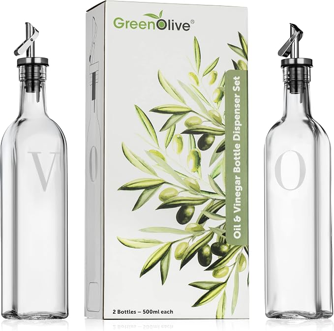 GREENOLIVE Olive Oil and Vinegar Dispenser Set - 17 oz. Glass Bottles with No-Drip BPA-Free Spouts - Stylish O and V Identifiers for Kitchen and Dining Use - Set of 2