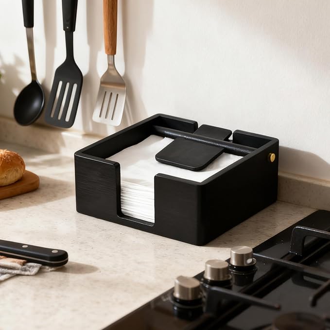 Natural Pine Napkin Holder for Table, Napkin Dispenser, Decorative Beverage Napkin Holder for Kitchen, Home,Bar (Black)