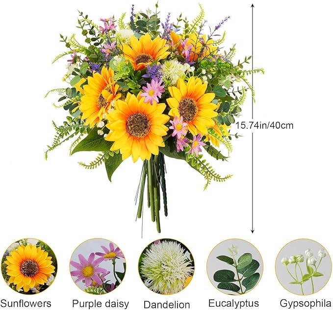 HUAESIN Sunflowers Artificial Flowers Bouquets Spring Flowers Artificia Fake Wildflowers Silk Cemetery Flowers Arrangements for Home Kitchen Office Table Centerpieces Wedding Party Grave Decor