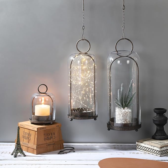 5"x7.5" Versatile Modern Metal Hurricane Lantern with Handmade Sturdy Glass Dome in Rustic Brown for 3" Pillar Candle & Plants, Industrial, Farmhouse, Shabby Chic (Brown, 5"x7.5" for 3" Pillar)