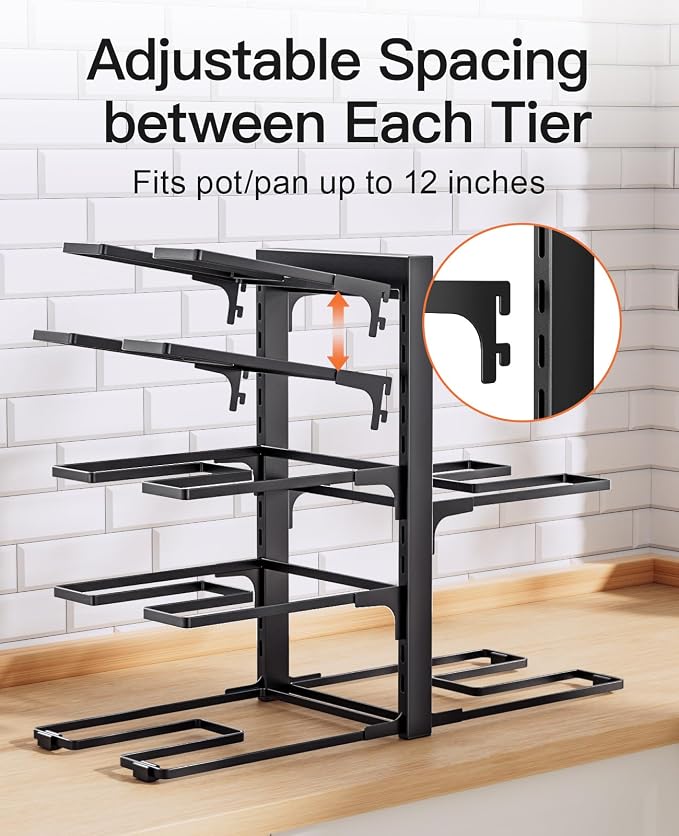 ORDORA Pots and Pans Organizer Rack for Cabinet, 15.83" Height 8-Tier Heavy Duty 120LBS Pot Pan Organizer under Cabinet Adjustable for Dutch Oven, Cast-iron Pan, Heavy Skillets Griddles, Shallow Pot