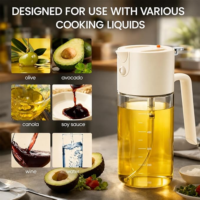 Costop Oil Sprayer for Cooking, 2025 Large Advanced Olive Oil Dispenser Bottle,500ml/17oz Glass Olive Oil Sprayer,2 in 1 Even Spray with Portion Control for Kitchen, Air Fryer, Salad, BBQ - White