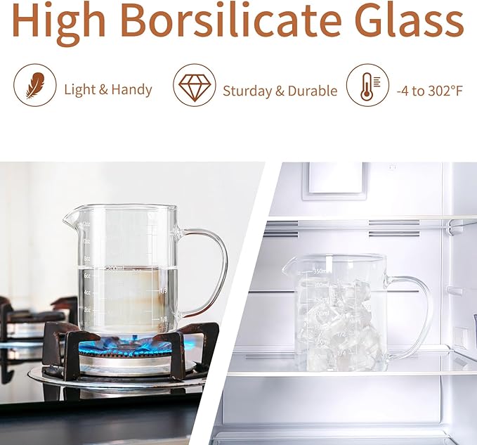 FrutPunch Glass Measuring Cup, Two-Pack (8OZ, 12OZ) with V-Shaped Mouth, Liquid Measuring Cups, Coffee Glass Measuring Cup with Handle, Suitable for Kitchen and Restaurant.