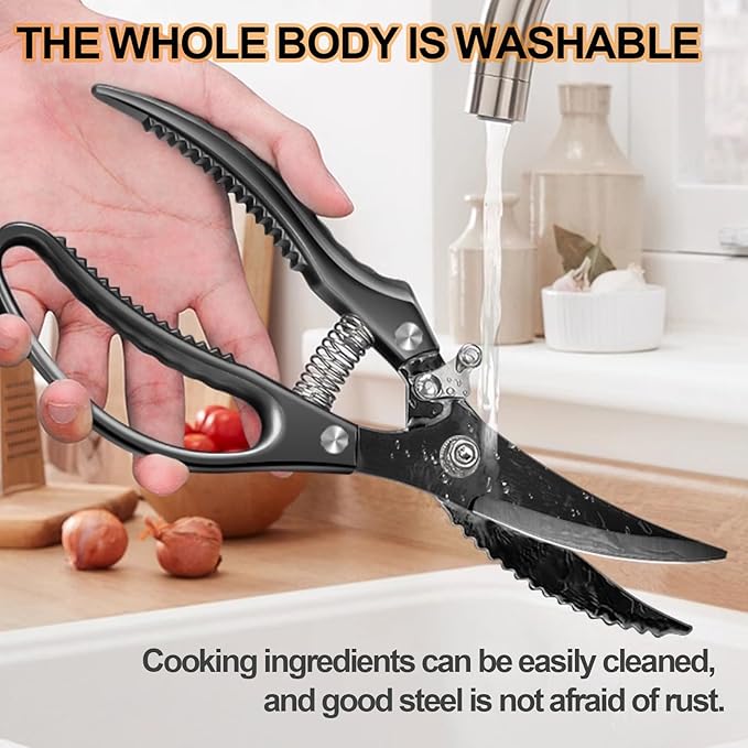 Heavy Duty Poultry Shears, Automatic Retractable Poultry Shears with Non-slip Handle and Safety Lock, Thickened Multi-purpose Kitchen Scissors for Chicken, Meat, Turkey, Fish, Nuts, Vegetables