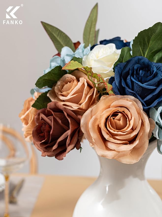 FANKO Artificial Flowers for DIY, Navy Blue Brown Peach Faux Flowers Bouquet, Colorful Fake Rose Peony Poppy Silk Flowers for Vase, Home Decor, Garland, Summer Wedding, Birthday, Party