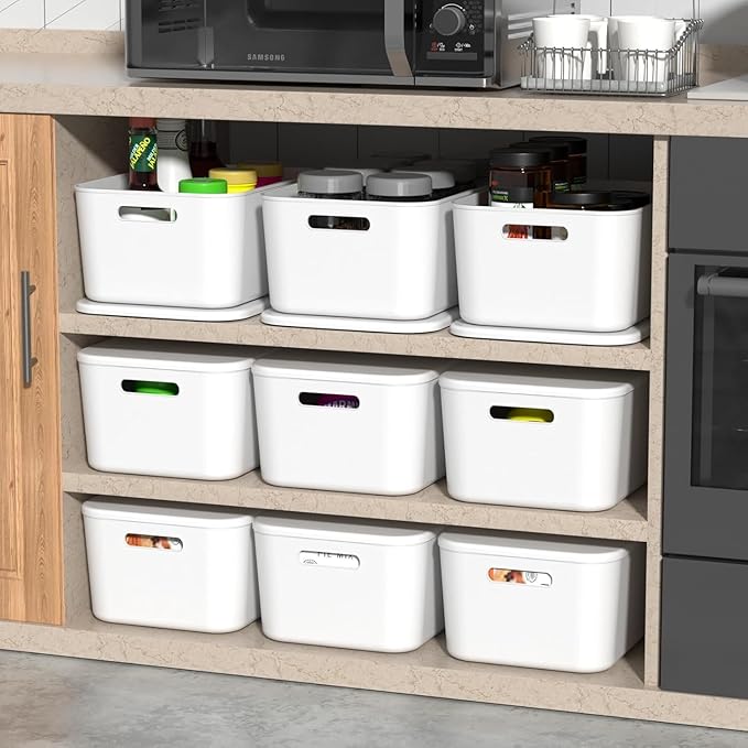 Ytteve 6 Pack White Stackable Plastic Storage Bins with Lids & Handles, Durable - 4 Large (14.4"x10.2"x6.3") & 2 Medium (11.8"x8"x4.7"), Multi-size for Closet, Shelves, Drawers, Home & Office