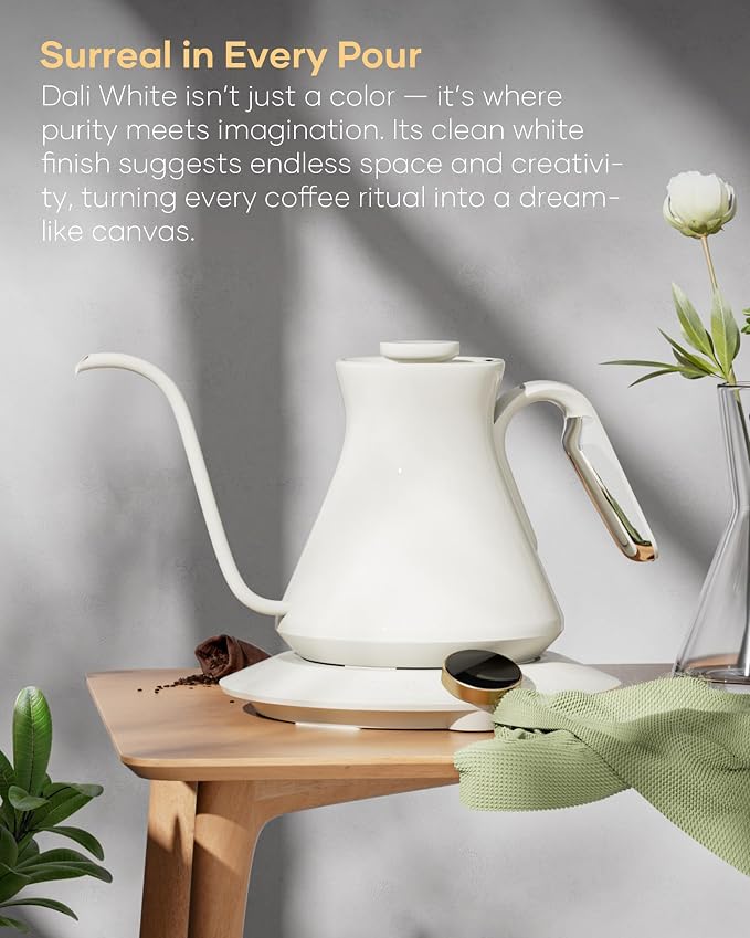 Cocinare Gooseneck Electric Kettle, ±0.5°F Precision Temperature Control for Pour-Over Coffee & Tea, 0.6L, Master Dali White Collection