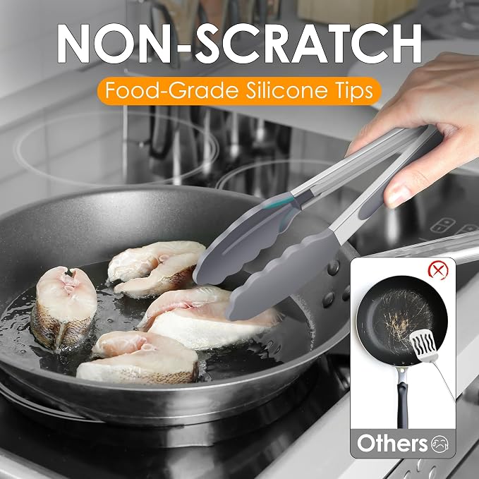 HOTEC Premium Stainless Steel Locking Kitchen Tongs with Silicon Tips, Set of 2-9" and 12" Light Grey