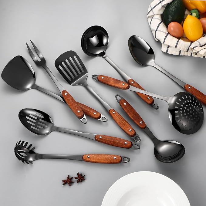 304 Stainless Steel Cooking Utensils Set,9PCS Metal Kitchen Utensils Set with Wooden Handle,Solid Spoon,Spatula,Ladle,Skimmer,Spaghetti Spoon,Dishwasher Safe(Black)