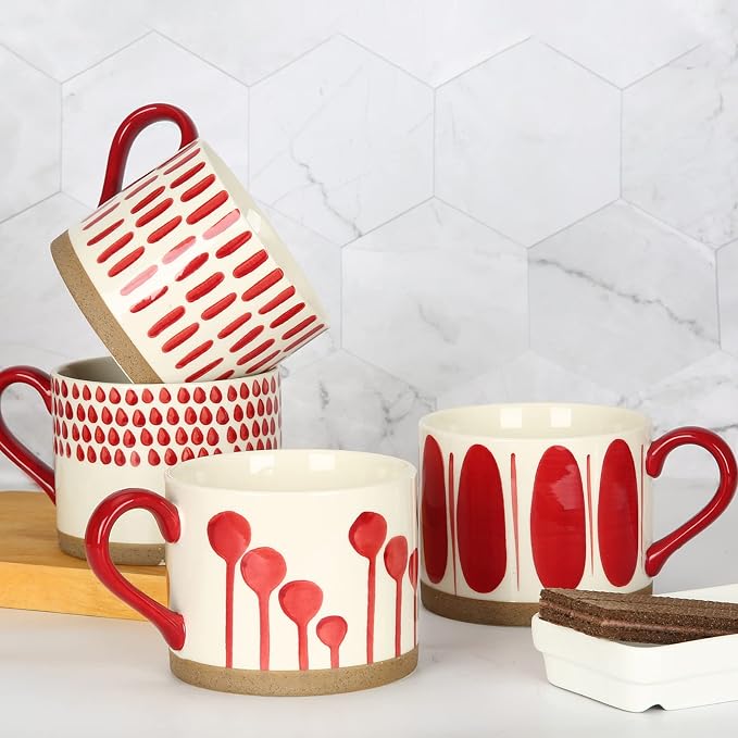 Koja 16 oz Premium Hand Painted Porcelain Ceramic Mug Set, Large Coffee & Tea Mugs, Elegant Decorative Durable Stoneware Microwave Safe Drinkware for Home Kitchen, 4-Pack