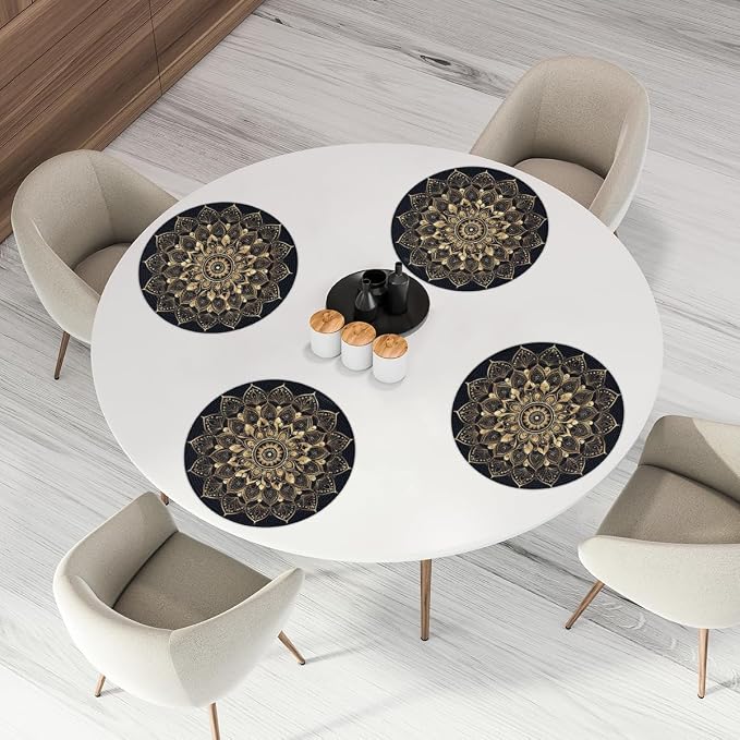 Round Placemats Set of 4, Bohemian Mandala Woven Placemats Mats Non-Slip Heat Resistant Washable Table Mats Round Braided Place for Farmhouse Kitchen Dining Party Decor 15in