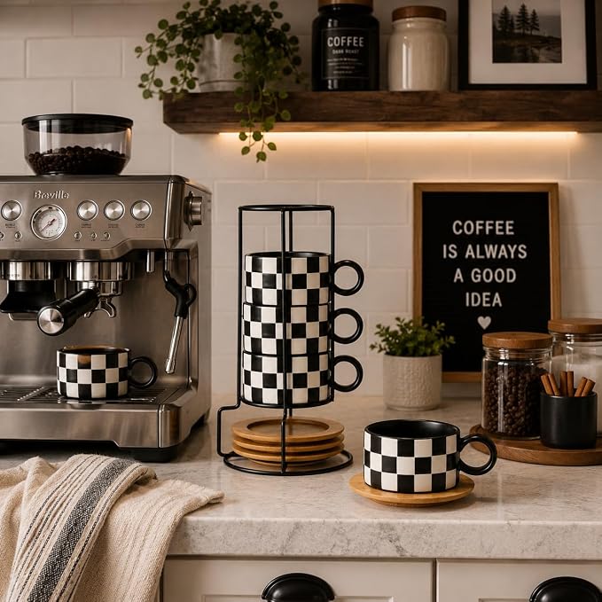 LUKA 6 Ounce Ceramic Stackable Black and White Checkered Espresso Cups with Saucers and Metal Stand Set of 4, Cappuccino Cups Set for Coffee Drinks, Latte, Cafe Mocha and Tea, Black Interior