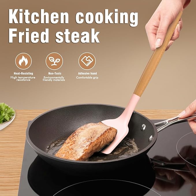 Silicone Cooking Utensils Set - AVGPD Silicone Kitchen Utensils for Cooking Wooden Handles, 446°F Heat Resistant Kitchen Utensil Spatula Sets, Gadgets for Non-Stick Cookware BPA FREE (Multicolour)