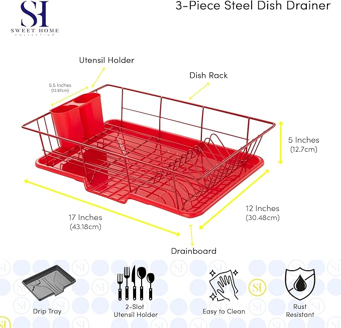 Space-Saving 3-Piece Dish Drainer Rack Set Efficient Kitchen Organizer for Quick Drying and Storage Includes Cutlery Holder and Drainboard Maximize Countertop Space, Bright Red