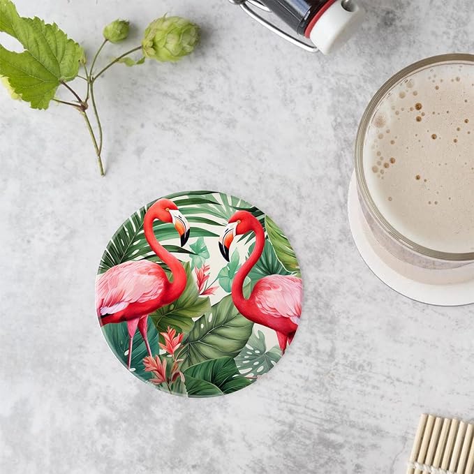 Tropical Flamingo Bird Palm Tree Leaves Watercolor Exquisite Set of 4 Ceramic Coasters with Holder,Absorbent Drink Bar Coasters,Table Coasters