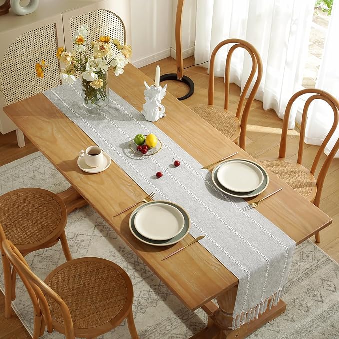 Wracra Rustic Linen Table Runner Farmhouse Style Table Runners 108 inches Long Embroidered Table Runner with Hand-Tassels for Party, Dresser Decor and Dining Room Decorations (Light Grey, 13"×108")