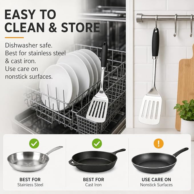 Stainless Steel Slotted Turner Spatula, Metal Spatula for Cast Iron & Stainless Steel Pans, Thin Edge Kitchen Turner for Eggs, Pancakes, Burgers, Dishwasher Safe