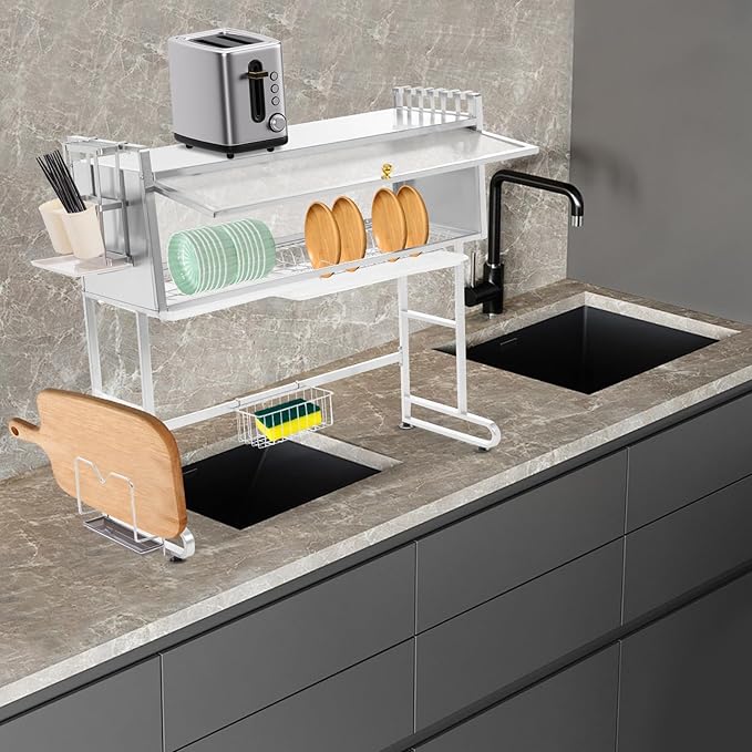 Over The Sink Dish Drying Rack 2 Tier Stainless Steel Dish Drainer Drying Rack 34.25" W Multifunctional Kitchen Organizers and Storage for Dishes, Glasses, Bowls, and Cutlery (Silver)