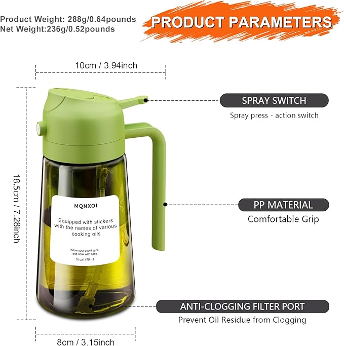 mqnxoi Oil Sprayer for Cooking, 2 in 1 Olive Oil Dispenser Bottle for Kitchen, 16oz/470ml Premium Glass, Food-grade Oil Mister for Air Fryer, Salad, Frying, BBQ (Green + Dark Green Bottle)