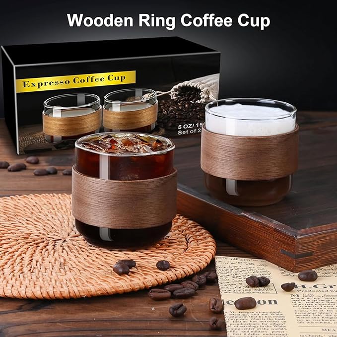 PARACITY Espresso Cups Set of 2 with Wooden Ring, 5 OZ High Borosilicate Espresso Shot Glass, Clear Small Expresso Shots Cup, Espresso Accessories