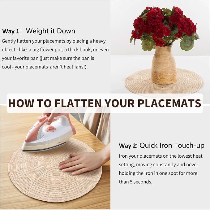 Handmade Round Boho Placemats Set of 4 | Natural Woven & Polyester Braided Combo Table Mats | 8-Piece Versatile Place Mats | Simple Rustic Farmhouse Style Dining Table Decor