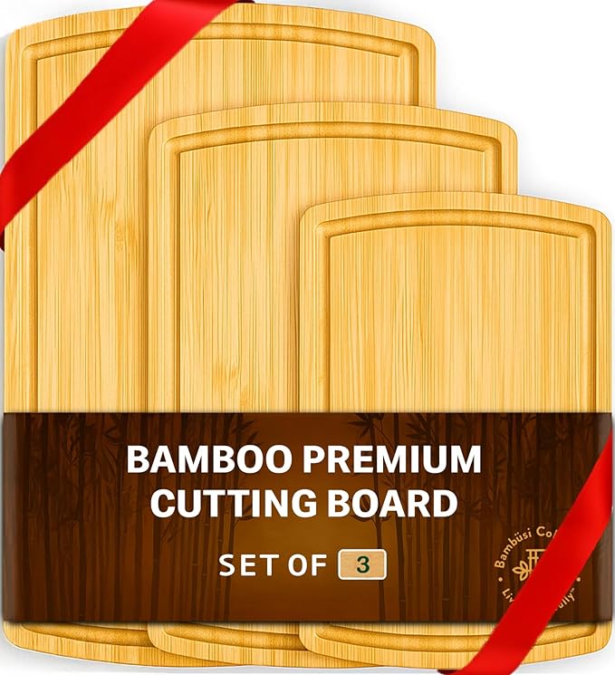 Wooden Cutting Boards for Kitchen - 3 Piece Large Bamboo Cutting Board Set with Juice Groove + Side Handles, Meat Cutting Board, Large Wooden Cutting Board, Charcuterie Board by Bambüsi