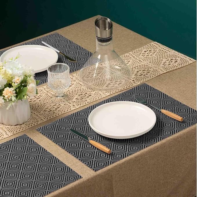 AHHFSMEI Placemats Set of 4 Washable Woven Vinyl Placemats for Dining Table Heat Resistant Non-Slip Stain Resistant Table Mats for Kitchen & Home Decor(Black Grey Checker,4)