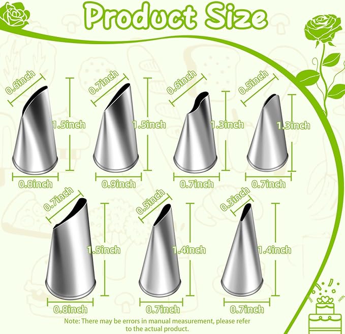 Suuker Fondant Rose Piping Tips Set, 7 Pieces Stainless Steel Cake Decorating Pastry Tools, Silver, Baking Supplies